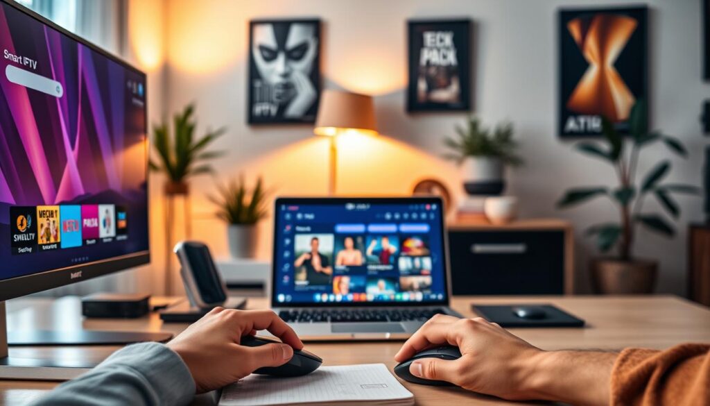 A modern workspace featuring a sleek computer display showcasing the Smart IPTV interface, with vibrant channel thumbnails visible on the screen. In the foreground, a pair of hands using a mouse, positioned on a stylish desk with some tech gadgets and a notepad. In the middle, a laptop running BlueStacks, highlighting its compatibility for running Smart IPTV. The background is softly blurred, revealing a cozy room with warm lighting, a potted plant, and framed tech posters on the wall, creating a professional yet inviting atmosphere. The overall mood is focused and productive, emphasizing the ease of setting up Smart IPTV on a PC. The scene is well-lit with natural light coming from a nearby window, creating a dynamic yet serene environment. A modern workspace featuring a sleek computer display showcasing the Smart IPTV interface, with vibrant channel thumbnails visible on the screen. In the foreground, a pair of hands using a mouse, positioned on a stylish desk with some tech gadgets and a notepad. In the middle, a laptop running BlueStacks, highlighting its compatibility for running Smart IPTV. The background is softly blurred, revealing a cozy room with warm lighting, a potted plant, and framed tech posters on the wall, creating a professional yet inviting atmosphere. The overall mood is focused and productive, emphasizing the ease of setting up Smart IPTV on a PC. The scene is well-lit with natural light coming from a nearby window, creating a dynamic yet serene environment.