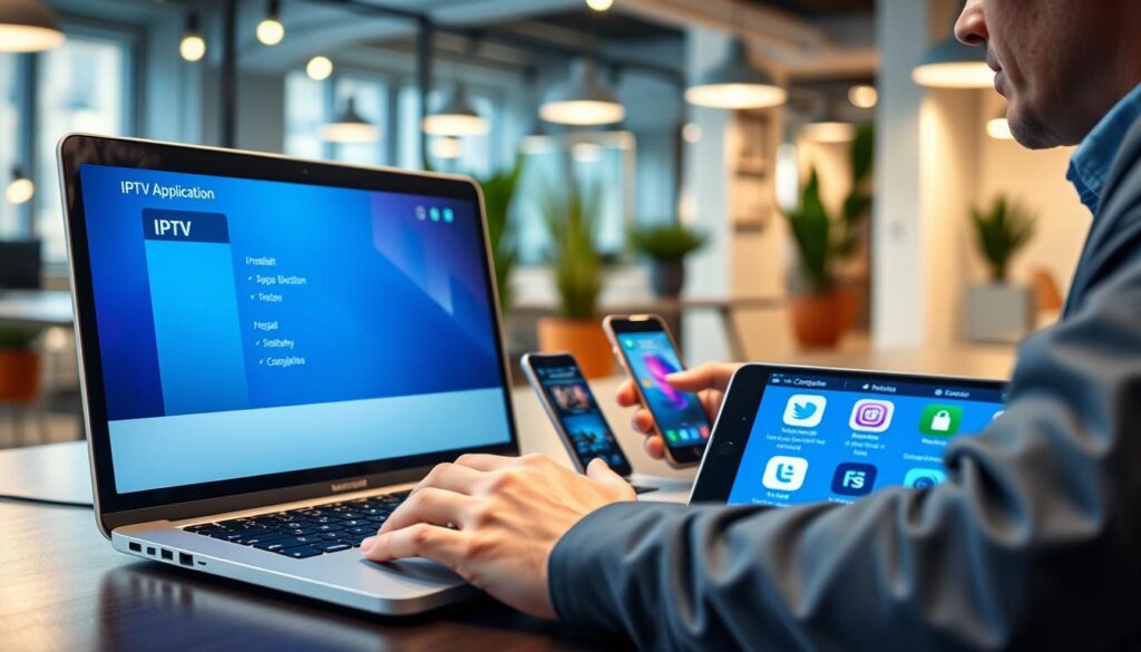 A modern workspace featuring a sleek laptop displaying an IPTV application interface. In the foreground, a person in smart casual attire is intently configuring the app, using a mouse and keyboard. The middle ground shows a tablet and smartphone displaying various IPTV app icons, emphasizing installation and configuration. The background features a well-lit, contemporary office space, with soft ambient lighting and potted plants for a fresh atmosphere. The scene is shot at a slight angle to bring depth, with a focus on the laptop screen. The overall mood is professional and engaging, capturing the essence of technology and ease in setting up IPTV applications.