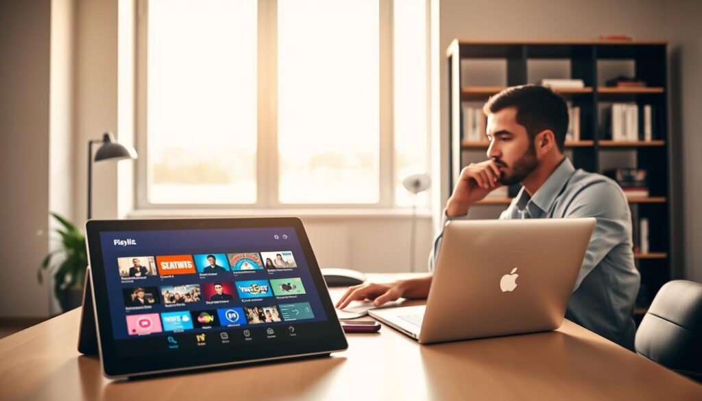 A modern workspace featuring a sleek, minimalist desk with a laptop open to a vibrant IPTV playlist interface. In the foreground, a stylish tablet displays colorful icons representing various streaming services. A well-dressed professional, wearing smart casual attire, sits beside the desk, thoughtfully analyzing the playlist on the screen. The middle ground showcases a large, bright window allowing natural light to illuminate the space, creating an inviting atmosphere. In the background, a minimalist bookshelf filled with technology and media-related books adds depth. The mood is focused and productive, emphasizing reliability and innovation in IPTV services. The lighting is warm and natural, enhancing the contemporary feel of the environment. A modern workspace featuring a sleek, minimalist desk with a laptop open to a vibrant IPTV playlist interface. In the foreground, a stylish tablet displays colorful icons representing various streaming services. A well-dressed professional, wearing smart casual attire, sits beside the desk, thoughtfully analyzing the playlist on the screen. The middle ground showcases a large, bright window allowing natural light to illuminate the space, creating an inviting atmosphere. In the background, a minimalist bookshelf filled with technology and media-related books adds depth. The mood is focused and productive, emphasizing reliability and innovation in IPTV services. The lighting is warm and natural, enhancing the contemporary feel of the environment.