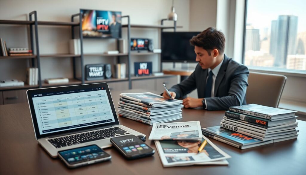 A modern workspace with a person in business attire sitting at a sleek desk, focused on comparing various IPTV subscription services displayed on multiple screens. The foreground features a laptop open to a comparison chart of different IPTV plans, while smartphones and a tablet show streaming apps in use. In the middle, a stack of tech-related magazines and brochures about IPTV services. The background includes a stylish bookshelf filled with tech books and a window showing a bright city skyline. Soft, natural lighting creates a professional and engaging atmosphere, with a slight depth of field effect to emphasize the workspace. The mood conveys determination and analysis, reflecting the theme of testing and comparing IPTV subscriptions. A modern workspace with a person in business attire sitting at a sleek desk, focused on comparing various IPTV subscription services displayed on multiple screens. The foreground features a laptop open to a comparison chart of different IPTV plans, while smartphones and a tablet show streaming apps in use. In the middle, a stack of tech-related magazines and brochures about IPTV services. The background includes a stylish bookshelf filled with tech books and a window showing a bright city skyline. Soft, natural lighting creates a professional and engaging atmosphere, with a slight depth of field effect to emphasize the workspace. The mood conveys determination and analysis, reflecting the theme of testing and comparing IPTV subscriptions.