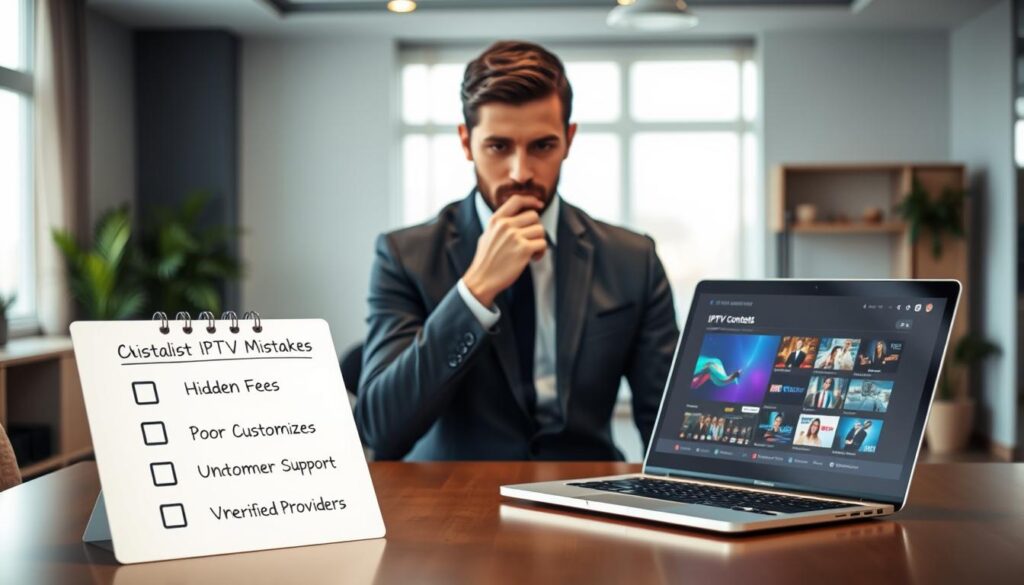 A modern workspace with a sleek desk featuring a laptop displaying IPTV content selection. In the foreground, a checklist highlights common mistakes to avoid when purchasing IPTV subscriptions, such as "Hidden Fees," "Poor Customer Support," and "Unverified Providers." In the middle, an individual dressed in professional attire is thoughtfully considering the checklist, with a thoughtful expression. The background showcases a contemporary office space with soft natural lighting filtering through a nearby window, creating an inviting and focused atmosphere. The image captures a sense of diligence and informed decision-making, emphasizing the importance of careful consideration before purchasing an IPTV subscription, while maintaining a clean and organized aesthetic.