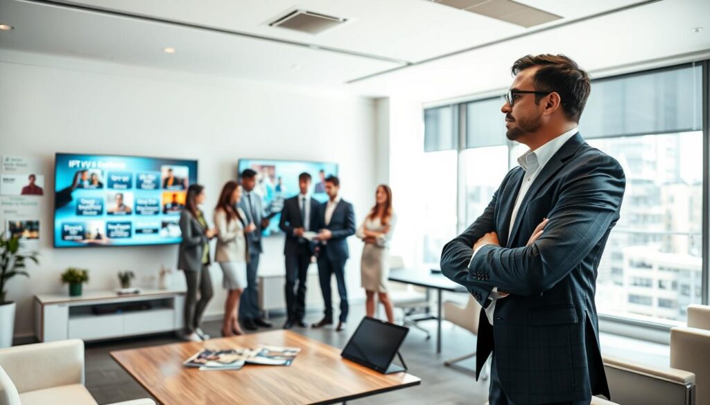 A professional IPTV agency office scene, showcasing various services and offerings. In the foreground, a confident consultant in a sleek business suit discusses IPTV packages with a diverse group of clients, all in smart casual attire. The middle ground features interactive digital displays showcasing features like streaming quality, channel variety, and customer support options. In the background, sleek, modern furniture complements a bright, welcoming atmosphere filled with soft, natural lighting from large windows. A conference table is visible, with brochures and tablets illustrating IPTV technology. The mood is collaborative and informative, emphasizing professionalism and trust in IPTV services. The angle is slightly elevated, capturing the dynamic interaction in the office space. A professional IPTV agency office scene, showcasing various services and offerings. In the foreground, a confident consultant in a sleek business suit discusses IPTV packages with a diverse group of clients, all in smart casual attire. The middle ground features interactive digital displays showcasing features like streaming quality, channel variety, and customer support options. In the background, sleek, modern furniture complements a bright, welcoming atmosphere filled with soft, natural lighting from large windows. A conference table is visible, with brochures and tablets illustrating IPTV technology. The mood is collaborative and informative, emphasizing professionalism and trust in IPTV services. The angle is slightly elevated, capturing the dynamic interaction in the office space.