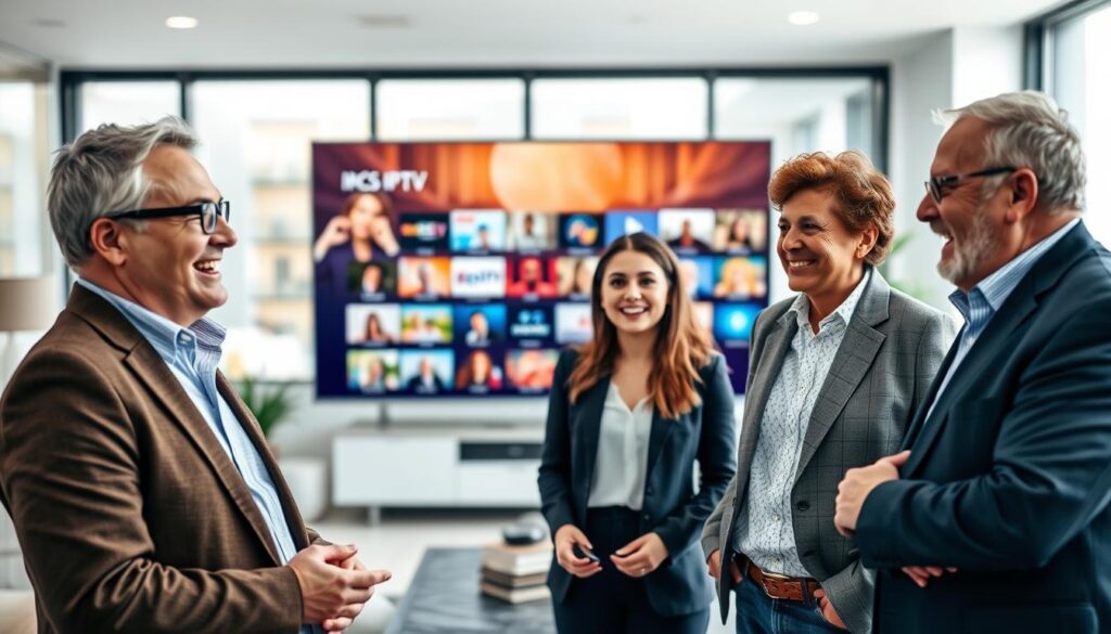 A professional and engaging photo depicting a group of diverse clients in a modern office setting, sharing testimonials about their positive experiences with IPTV services in France. In the foreground, three clients, a middle-aged man in business attire, a young woman in smart casual clothing, and a senior professional in a blazer, are animatedly discussing their satisfaction, with expressions of joy and enthusiasm. In the middle background, a large screen displays a vibrant IPTV interface, showcasing various channels and options, subtly highlighting the product's features. The background features soft-focus furniture and a well-lit office ambiance, creating an inviting atmosphere. Natural light pours in through large windows, enhancing the overall mood of positivity and contentment. The composition conveys a sense of community and satisfaction, focusing on the clients' voices and experiences.