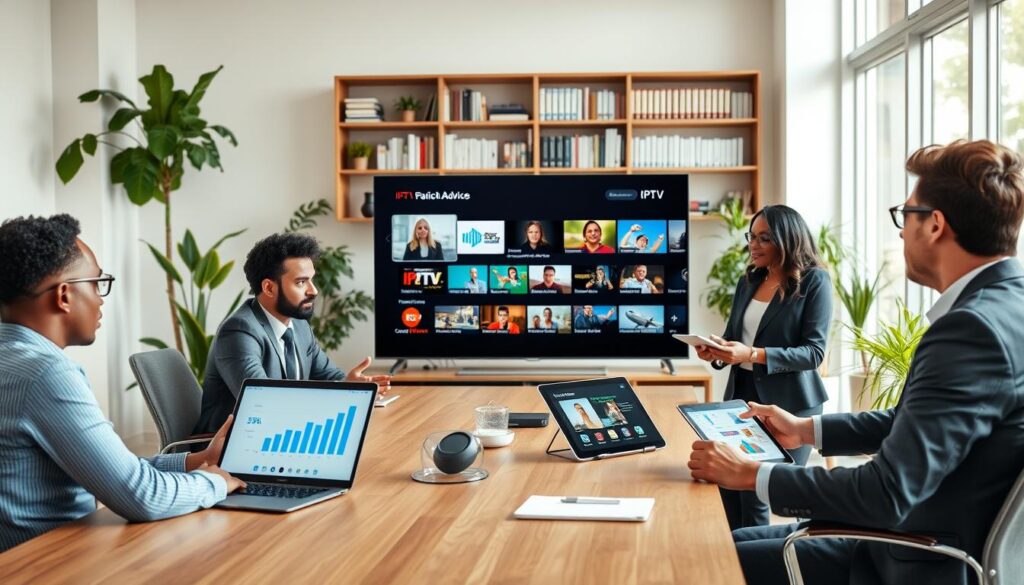 A professional and inviting workspace depicting an expert discussing IPTV options. In the foreground, a diverse group of three individuals, two men and one woman, are seated around a modern conference table, engaged in a discussion. They are dressed in professional business attire, with a laptop and tablets displaying graphs and statistics on IPTV services. The middle layer should show a large screen displaying various IPTV interfaces, showcasing popular channels and user-friendly navigation. The background features a bright room filled with plants and shelves lined with technology books. Soft, natural lighting from large windows creates a warm and focused atmosphere, suggesting a setting for practical advice and collaboration. Capture the mood of professionalism and expertise, emphasizing a collaborative spirit. A professional and inviting workspace depicting an expert discussing IPTV options. In the foreground, a diverse group of three individuals, two men and one woman, are seated around a modern conference table, engaged in a discussion. They are dressed in professional business attire, with a laptop and tablets displaying graphs and statistics on IPTV services. The middle layer should show a large screen displaying various IPTV interfaces, showcasing popular channels and user-friendly navigation. The background features a bright room filled with plants and shelves lined with technology books. Soft, natural lighting from large windows creates a warm and focused atmosphere, suggesting a setting for practical advice and collaboration. Capture the mood of professionalism and expertise, emphasizing a collaborative spirit.