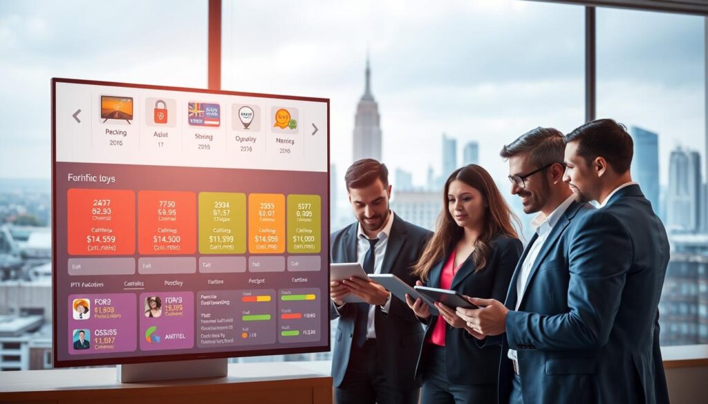 A professional and modern graphic illustrating the comparison of IPTV services in France for 2026. In the foreground, a sleek digital dashboard displays various IPTV packages, featuring vibrant icons representing channels, different price tiers, and quality ratings. In the middle ground, a diverse group of individuals, dressed in professional business attire, analyze the information with interest, using tablets and laptops. The background showcases a futuristic city skyline, symbolizing technological advancement in media consumption. Soft, ambient lighting creates a focused and informative atmosphere, with a warm color palette enhancing engagement. The composition should emphasize clarity and ease of comparison, reflecting the topic of IPTV pricing and quality.