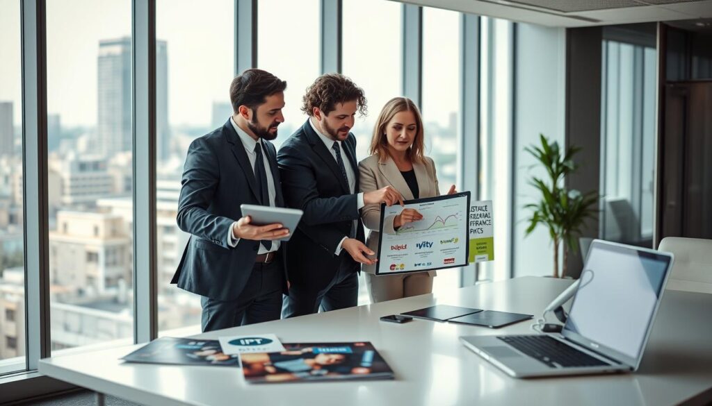 A professional and modern office setting showcasing various legal IPTV providers in France. In the foreground, a diverse group of three professionals in business attire are analyzing charts on a digital tablet, pointing to logos of popular IPTV services. The middle ground features a sleek table with brochures of IPTV offers and a laptop displaying an interface of a streaming service. The background includes a large window with cityscape views, bright natural light filtering into the space, creating an inviting atmosphere. The ambiance is energetic yet focused, reflecting innovation in media technology. Use a wide-angle perspective to capture the details, emphasizing clarity and professionalism in the depiction. A professional and modern office setting showcasing various legal IPTV providers in France. In the foreground, a diverse group of three professionals in business attire are analyzing charts on a digital tablet, pointing to logos of popular IPTV services. The middle ground features a sleek table with brochures of IPTV offers and a laptop displaying an interface of a streaming service. The background includes a large window with cityscape views, bright natural light filtering into the space, creating an inviting atmosphere. The ambiance is energetic yet focused, reflecting innovation in media technology. Use a wide-angle perspective to capture the details, emphasizing clarity and professionalism in the depiction.