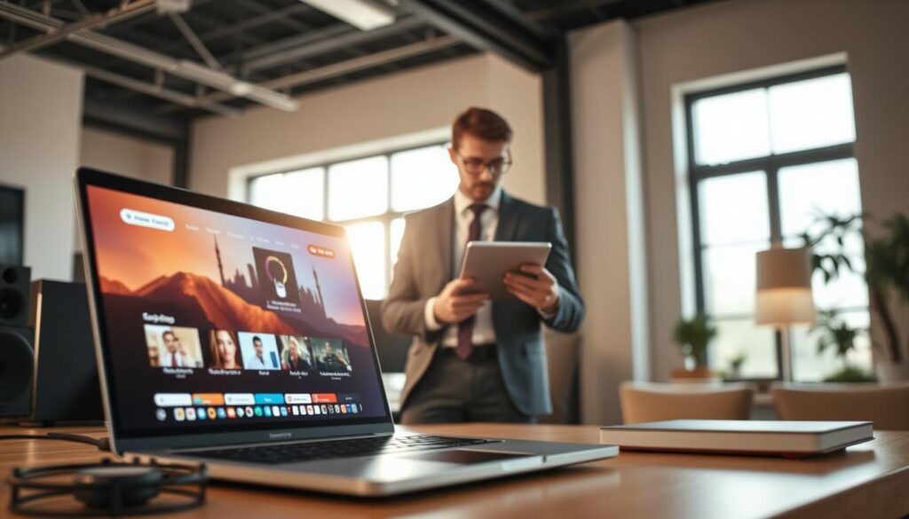 A professional and modern workspace setting capturing the essence of a "premium reliable IPTV subscription." In the foreground, a sleek laptop showcasing a vibrant streaming interface with a range of channels, surrounded by high-quality audio equipment. In the middle ground, a confident person, dressed in smart business attire, thoughtfully analyzing data on their tablet, symbolizing the balance of quality and value. The background features a large window with natural light streaming in, illuminating the space. The atmosphere is focused and innovative, conveying trust and security in payment methods. Use soft, warm lighting to create an inviting mood, captured with a shallow depth of field to emphasize the subjects in the foreground. A professional and modern workspace setting capturing the essence of a "premium reliable IPTV subscription." In the foreground, a sleek laptop showcasing a vibrant streaming interface with a range of channels, surrounded by high-quality audio equipment. In the middle ground, a confident person, dressed in smart business attire, thoughtfully analyzing data on their tablet, symbolizing the balance of quality and value. The background features a large window with natural light streaming in, illuminating the space. The atmosphere is focused and innovative, conveying trust and security in payment methods. Use soft, warm lighting to create an inviting mood, captured with a shallow depth of field to emphasize the subjects in the foreground.