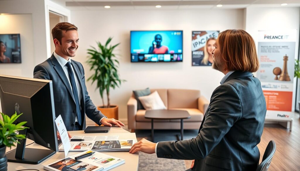 A professional and welcoming customer service desk for IPTV support in France, featuring a friendly staff member in smart business attire assisting a customer. The foreground includes the staff member, a computer setup with IPTV streaming displayed on the screen, and printed guides and brochures about IPTV services. In the middle ground, a comfortable seating area with French-themed décor and informational posters about IPTV options is visible. The background showcases a vibrant office environment, with soft lighting creating a warm and inviting atmosphere. The scene captures the essence of support and assistance, providing a feeling of trust and reliability. The overall mood is friendly and professional, inviting users to seek help in their IPTV journey. A professional and welcoming customer service desk for IPTV support in France, featuring a friendly staff member in smart business attire assisting a customer. The foreground includes the staff member, a computer setup with IPTV streaming displayed on the screen, and printed guides and brochures about IPTV services. In the middle ground, a comfortable seating area with French-themed décor and informational posters about IPTV options is visible. The background showcases a vibrant office environment, with soft lighting creating a warm and inviting atmosphere. The scene captures the essence of support and assistance, providing a feeling of trust and reliability. The overall mood is friendly and professional, inviting users to seek help in their IPTV journey.