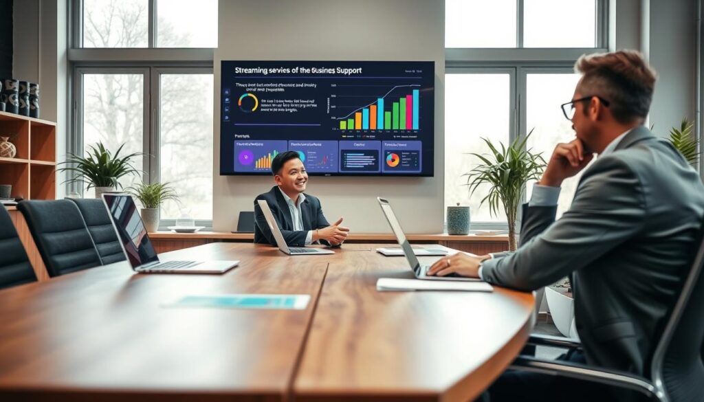 A professional business consultant seated at a sleek wooden desk, surrounded by modern technology including laptops and colorful charts, represents the theme of reliable support and assistance. In the foreground, focus on the consultant engaged in a friendly conversation with a client, dressed in business attire, showcasing a warm and approachable demeanor. In the middle ground, a wall-mounted screen displays graphs and success stories related to streaming services. In the background, large windows let in soft, natural light, enhancing the inviting atmosphere of the office. The mood is one of trust, reliability, and attentiveness, emphasizing the supportive nature of the service. Use a shallow depth of field to keep the focus on the interaction while softly blurring the background details. A professional business consultant seated at a sleek wooden desk, surrounded by modern technology including laptops and colorful charts, represents the theme of reliable support and assistance. In the foreground, focus on the consultant engaged in a friendly conversation with a client, dressed in business attire, showcasing a warm and approachable demeanor. In the middle ground, a wall-mounted screen displays graphs and success stories related to streaming services. In the background, large windows let in soft, natural light, enhancing the inviting atmosphere of the office. The mood is one of trust, reliability, and attentiveness, emphasizing the supportive nature of the service. Use a shallow depth of field to keep the focus on the interaction while softly blurring the background details.