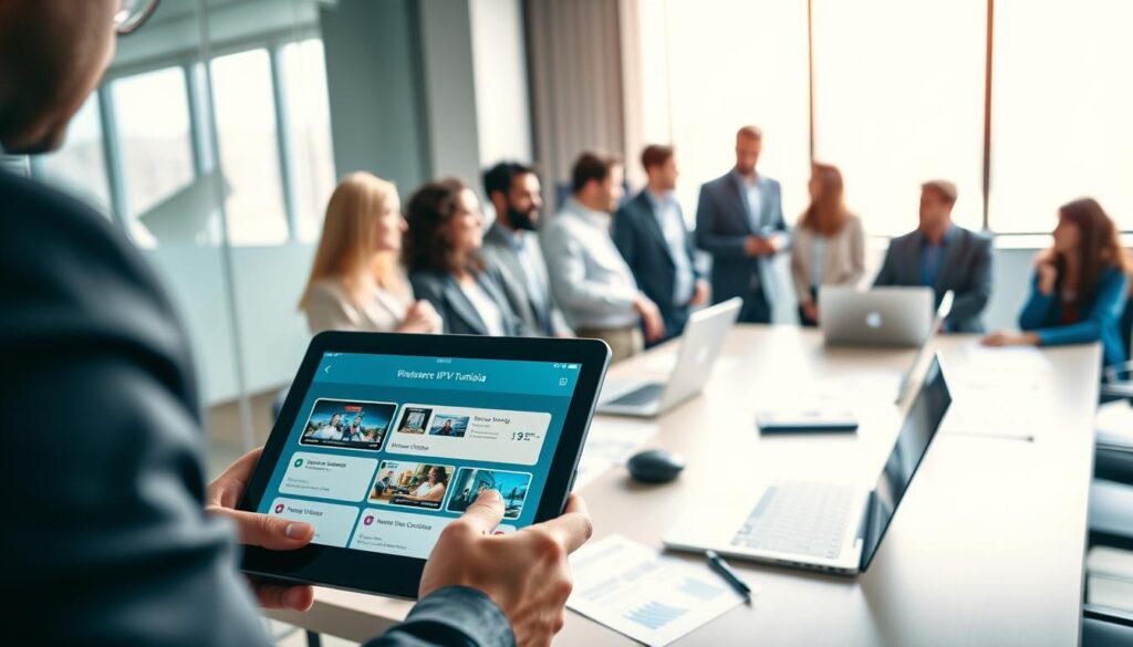 A professional business setting, showcasing a diverse group of individuals discussing IPTV options, with a focus on Tunisia. In the foreground, one person gestures towards a digital tablet displaying streaming service options. In the middle ground, a modern conference table with laptops and documents related to IPTV contracts, surrounded by a mix of men and women in professional attire engaged in conversation. The background features a large window with soft daylight streaming in, casting a warm glow that creates an inviting atmosphere. The overall mood is collaborative and optimistic, symbolizing the pursuit of knowledge and informed decision-making regarding IPTV subscriptions. The scene is captured with a slight depth of field, emphasizing the subjects while softly blurring the background. A professional business setting, showcasing a diverse group of individuals discussing IPTV options, with a focus on Tunisia. In the foreground, one person gestures towards a digital tablet displaying streaming service options. In the middle ground, a modern conference table with laptops and documents related to IPTV contracts, surrounded by a mix of men and women in professional attire engaged in conversation. The background features a large window with soft daylight streaming in, casting a warm glow that creates an inviting atmosphere. The overall mood is collaborative and optimistic, symbolizing the pursuit of knowledge and informed decision-making regarding IPTV subscriptions. The scene is captured with a slight depth of field, emphasizing the subjects while softly blurring the background.