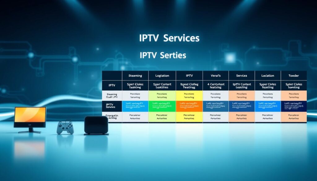 A professional comparison chart showcasing various IPTV adult service features in a modern, sleek design. In the foreground, there are icons representing key attributes like streaming quality, content variety, and price. The middle features a visually appealing graphic layout with side-by-side comparisons of different IPTV services, each depicted with color-coded categories for easy reference. The background should be a subtle gradient representing digital technology, with abstract tech elements like circuits or waves. The lighting is bright and clean, creating a professional atmosphere, captured with a wide-angle lens to emphasize the layout. The overall mood is informative and engaging, reflecting a sophisticated analysis of services.