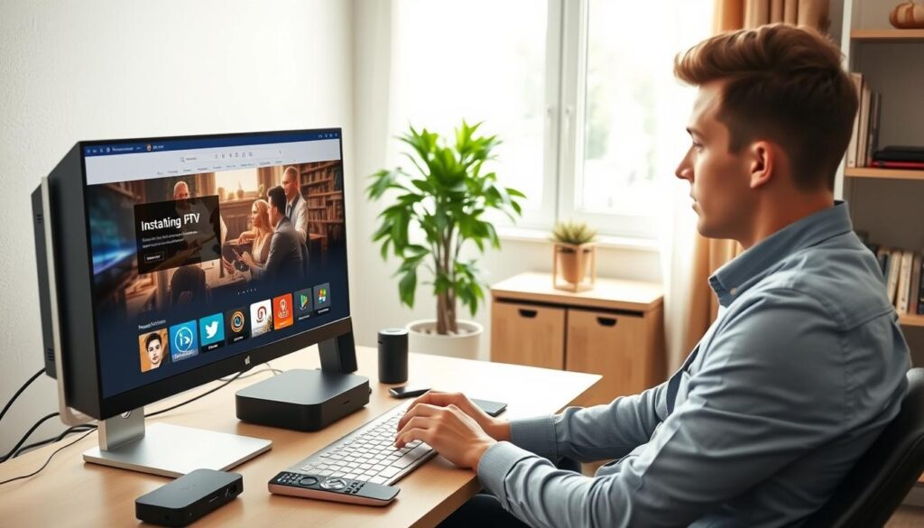 A professional home office setting featuring a sleek modern desktop computer displaying an IPTV subscription interface on the screen. In the foreground, a focused young adult in smart casual attire is sitting at the desk, engaged in the installation process, with various streaming devices and remote controls nearby. In the middle ground, a stylish bookshelf filled with tech-related books and a potted plant add a welcoming touch. In the background, soft natural lighting pours in from a window, creating a warm and inviting atmosphere. The overall mood is one of efficiency and ease, as the young adult comfortably navigates the installation steps, emphasizing the simplicity and reliability of setting up a legal IPTV subscription in France. A professional home office setting featuring a sleek modern desktop computer displaying an IPTV subscription interface on the screen. In the foreground, a focused young adult in smart casual attire is sitting at the desk, engaged in the installation process, with various streaming devices and remote controls nearby. In the middle ground, a stylish bookshelf filled with tech-related books and a potted plant add a welcoming touch. In the background, soft natural lighting pours in from a window, creating a warm and inviting atmosphere. The overall mood is one of efficiency and ease, as the young adult comfortably navigates the installation steps, emphasizing the simplicity and reliability of setting up a legal IPTV subscription in France.
