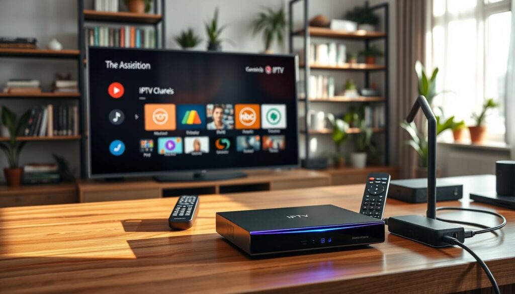 A professional-looking workspace showcasing various IPTV devices on a sleek wooden desk. In the foreground, prominently displayed is a modern IPTV box with LED lights, surrounded by a remote control and other connected accessories. In the middle ground, a high-resolution screen displays an IPTV user interface with colorful icons for channels and apps. The background features a well-lit room with shelves filled with tech books and plants, creating an inviting atmosphere. Soft, natural light filters through a window, casting gentle shadows. The overall mood is informative and engaging, emphasizing the importance of selecting the right IPTV player, with a focus on technology and modern living. A professional-looking workspace showcasing various IPTV devices on a sleek wooden desk. In the foreground, prominently displayed is a modern IPTV box with LED lights, surrounded by a remote control and other connected accessories. In the middle ground, a high-resolution screen displays an IPTV user interface with colorful icons for channels and apps. The background features a well-lit room with shelves filled with tech books and plants, creating an inviting atmosphere. Soft, natural light filters through a window, casting gentle shadows. The overall mood is informative and engaging, emphasizing the importance of selecting the right IPTV player, with a focus on technology and modern living.