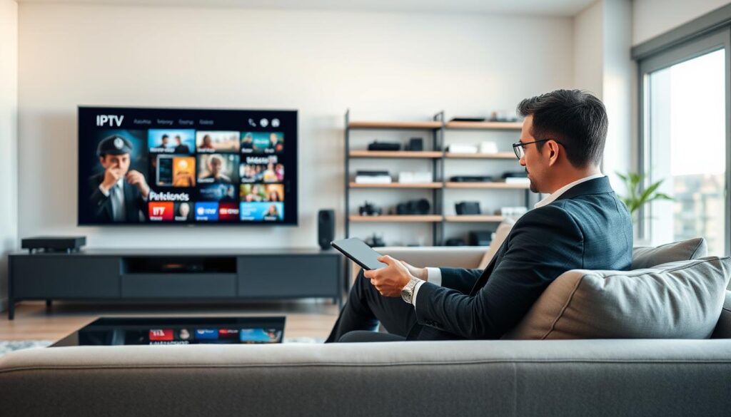 A professional, modern living room featuring a sleek home entertainment system displaying various IPTV channels on a large flat-screen TV. In the foreground, a well-dressed individual, perhaps a tech-savvy man or woman in business casual attire, sits comfortably on a stylish sofa, reviewing IPTV options on a tablet. Soft, natural lighting filters through large windows, creating a warm and inviting atmosphere. In the background, shelves showcase a curated selection of tech gadgets and decorative items, hinting at a sophisticated lifestyle. The image conveys a sense of reliability, connectivity, and modernity, illustrating the importance of trustworthy IPTV services in France for 2026. The composition uses a slightly wide-angle lens to capture both the personal engagement and the technology seamlessly.