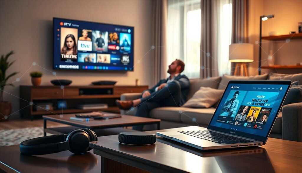 A professional, modern living room setup illustrating the importance of using a VPN with IPTV. In the foreground, a sleek laptop displaying a vibrant IPTV interface is positioned on a stylish coffee table. Next to it, a pair of high-quality headphones adds to the tech-savvy atmosphere. In the middle, a comfortable sofa with a relaxed individual wearing business casual attire, focused on a large wall-mounted screen showcasing various streaming options. The background features a cozy apartment setting with soft, warm lighting pouring in from a window, enhancing the inviting ambiance. A subtle digital pattern representing internet connectivity weaves through the room, symbolizing the security and privacy a VPN offers. The overall mood is informative yet relaxed, perfect for a tech-oriented article about IPTV and online security. A professional, modern living room setup illustrating the importance of using a VPN with IPTV. In the foreground, a sleek laptop displaying a vibrant IPTV interface is positioned on a stylish coffee table. Next to it, a pair of high-quality headphones adds to the tech-savvy atmosphere. In the middle, a comfortable sofa with a relaxed individual wearing business casual attire, focused on a large wall-mounted screen showcasing various streaming options. The background features a cozy apartment setting with soft, warm lighting pouring in from a window, enhancing the inviting ambiance. A subtle digital pattern representing internet connectivity weaves through the room, symbolizing the security and privacy a VPN offers. The overall mood is informative yet relaxed, perfect for a tech-oriented article about IPTV and online security.
