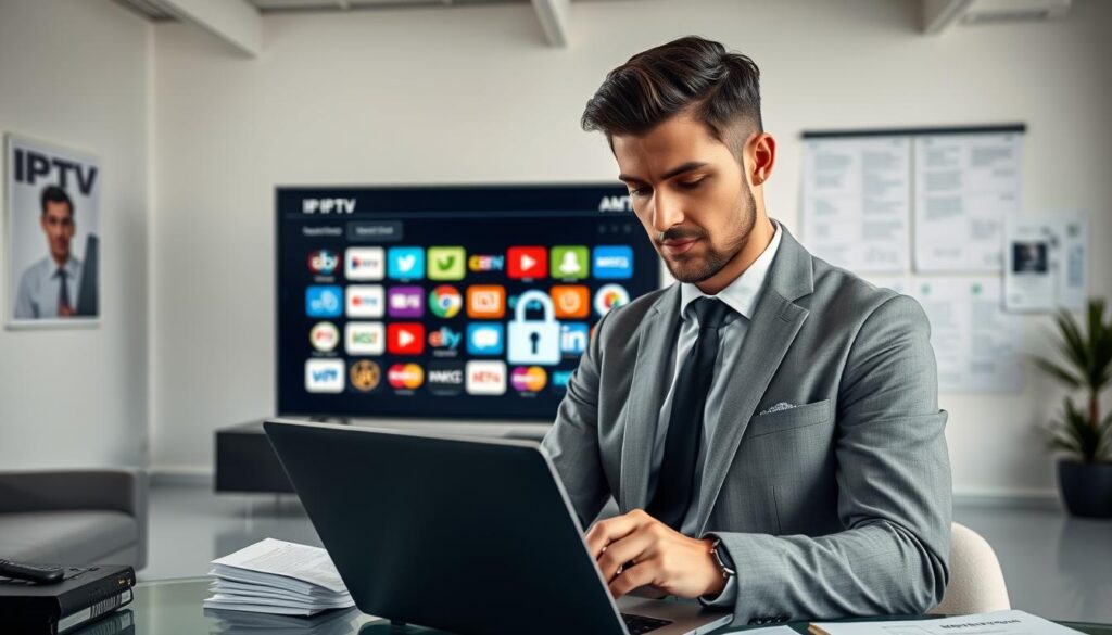 A professional, modern office space focused on IPTV legality and security. In the foreground, a confident person in business attire is analyzing data on a laptop, surrounded by legal documents and compliance resources. In the middle ground, an array of colorful IPTV logos on a screen displays diverse streaming options, while a digital lock symbol represents security measures. The background features contemporary office furniture and charts on the wall illustrating best practices for IPTV usage. Soft, natural lighting filters through large windows, creating a productive atmosphere. The overall mood is serious and informative, emphasizing the importance of legal and secure IPTV practices.