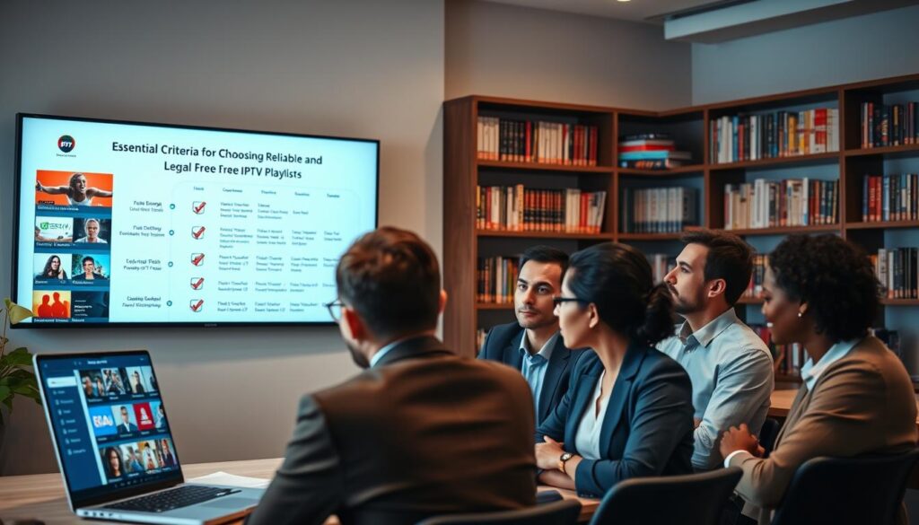 A professional, modern workspace featuring a laptop displaying a user-friendly IPTV interface with vibrant, colorful thumbnails of various channels. In the foreground, a diverse group of individuals in business casual attire, engaged in a discussion about IPTV options, showing focused expressions. The middle ground includes a large monitor mounted on the wall displaying a checklist titled "Essential Criteria for Choosing Reliable and Legal Free IPTV Playlists," with visuals representing legality and reliability, such as check marks and shields. The background showcases shelves filled with books on technology and streaming, with soft, ambient lighting creating a warm, informative atmosphere. The angle is slightly elevated, capturing all elements clearly and emphasizing the collaborative nature of the discussion. A professional, modern workspace featuring a laptop displaying a user-friendly IPTV interface with vibrant, colorful thumbnails of various channels. In the foreground, a diverse group of individuals in business casual attire, engaged in a discussion about IPTV options, showing focused expressions. The middle ground includes a large monitor mounted on the wall displaying a checklist titled "Essential Criteria for Choosing Reliable and Legal Free IPTV Playlists," with visuals representing legality and reliability, such as check marks and shields. The background showcases shelves filled with books on technology and streaming, with soft, ambient lighting creating a warm, informative atmosphere. The angle is slightly elevated, capturing all elements clearly and emphasizing the collaborative nature of the discussion.