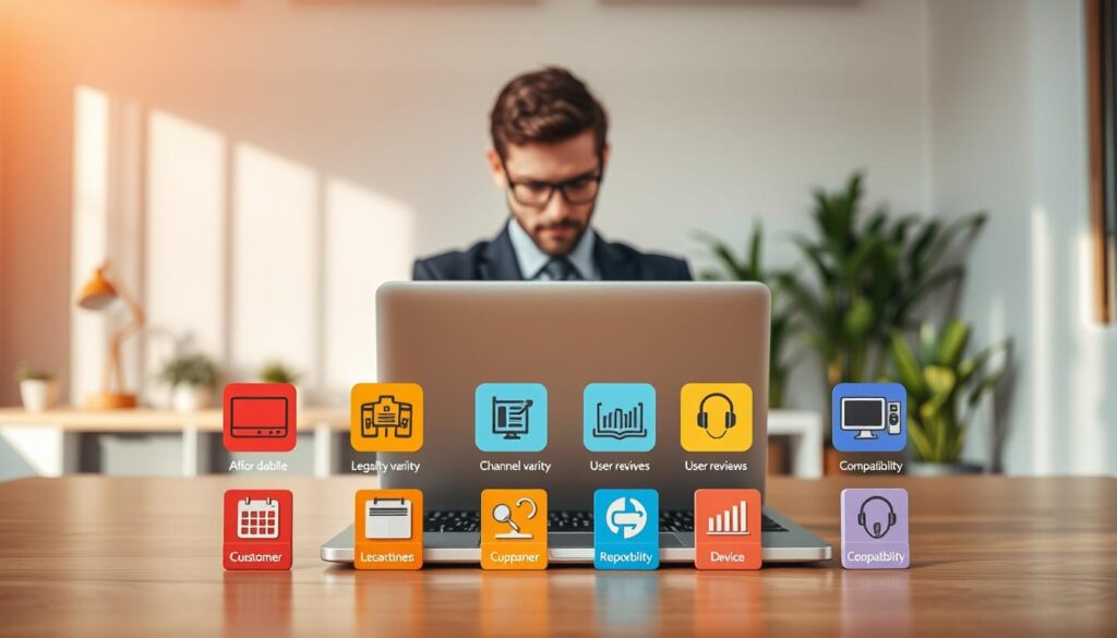 A professional office environment featuring a sleek wooden desk with a modern laptop open, displaying IPTV options. In the foreground, six distinct and colorful icons representing the essential criteria for selecting a reliable IPTV service, such as affordability, legality, channel variety, customer support, user reviews, and device compatibility, are artistically arranged. In the middle ground, a focused individual in professional business attire is analyzing information on the laptop, looking thoughtful and engaged. The background features soft natural lighting streaming through a large window, with potted plants and minimalist decor, creating a calm and informative atmosphere. The overall mood is one of clarity and professionalism, emphasizing the importance of making informed choices. A professional office environment featuring a sleek wooden desk with a modern laptop open, displaying IPTV options. In the foreground, six distinct and colorful icons representing the essential criteria for selecting a reliable IPTV service, such as affordability, legality, channel variety, customer support, user reviews, and device compatibility, are artistically arranged. In the middle ground, a focused individual in professional business attire is analyzing information on the laptop, looking thoughtful and engaged. The background features soft natural lighting streaming through a large window, with potted plants and minimalist decor, creating a calm and informative atmosphere. The overall mood is one of clarity and professionalism, emphasizing the importance of making informed choices.