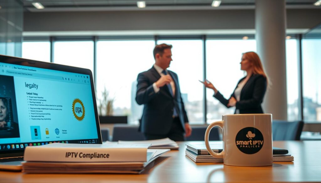 A professional office setting showcases a sleek, modern workspace dedicated to IPTV legality. In the foreground, a laptop displays an IPTV service page with a prominent "legal" badge. Beside it, a neatly arranged stack of documents titled "IPTV Compliance" and a coffee mug with a logo for a smart IPTV service. In the middle, a business professional, dressed in smart attire, is engaged in a serious discussion with a colleague, pointing at the laptop screen. The background features a large window with natural light streaming in, illuminating a city skyline that suggests a contemporary Parisian office. The atmosphere is one of professionalism and focus, emphasizing compliance, legality, and the reliability of IPTV services in France.