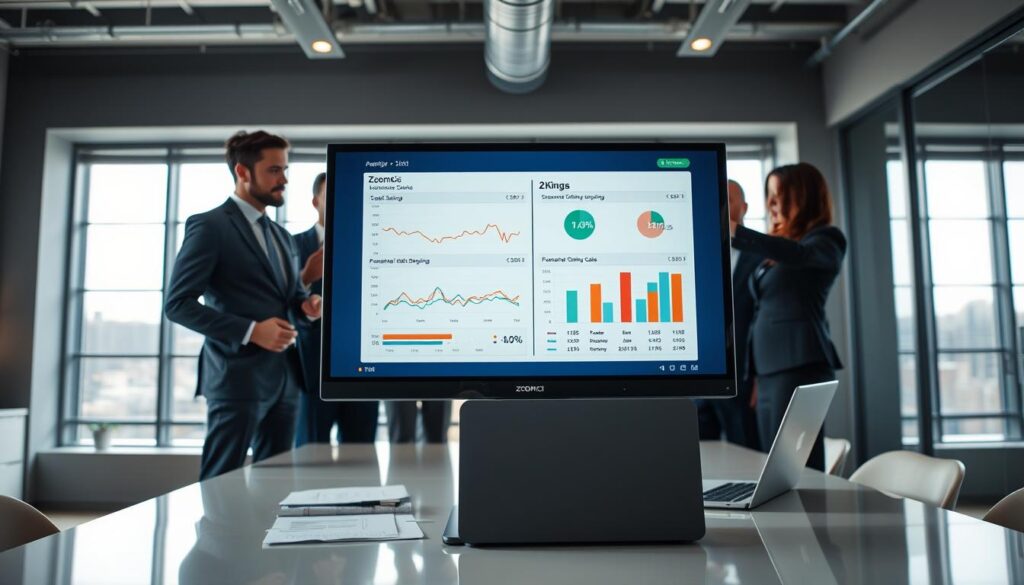 A professional office setting showcasing a digital comparison analysis on a sleek monitor. In the foreground, a computer screen displays colorful graphs and charts analyzing the sales and shipping performance of two companies, Zoomici and 2Kings. A diverse team of business professionals, dressed in business attire, is engaged in discussion, pointing at the monitor. The middle ground features a modern conference table with documents and a laptop open, contributing to a collaborative atmosphere. In the background, large windows let in natural light, accentuating a bright and optimistic mood. The overall scene portrays a sense of professionalism and teamwork in a corporate environment, captured with a wide-angle lens to emphasize space and clarity. A professional office setting showcasing a digital comparison analysis on a sleek monitor. In the foreground, a computer screen displays colorful graphs and charts analyzing the sales and shipping performance of two companies, Zoomici and 2Kings. A diverse team of business professionals, dressed in business attire, is engaged in discussion, pointing at the monitor. The middle ground features a modern conference table with documents and a laptop open, contributing to a collaborative atmosphere. In the background, large windows let in natural light, accentuating a bright and optimistic mood. The overall scene portrays a sense of professionalism and teamwork in a corporate environment, captured with a wide-angle lens to emphasize space and clarity.