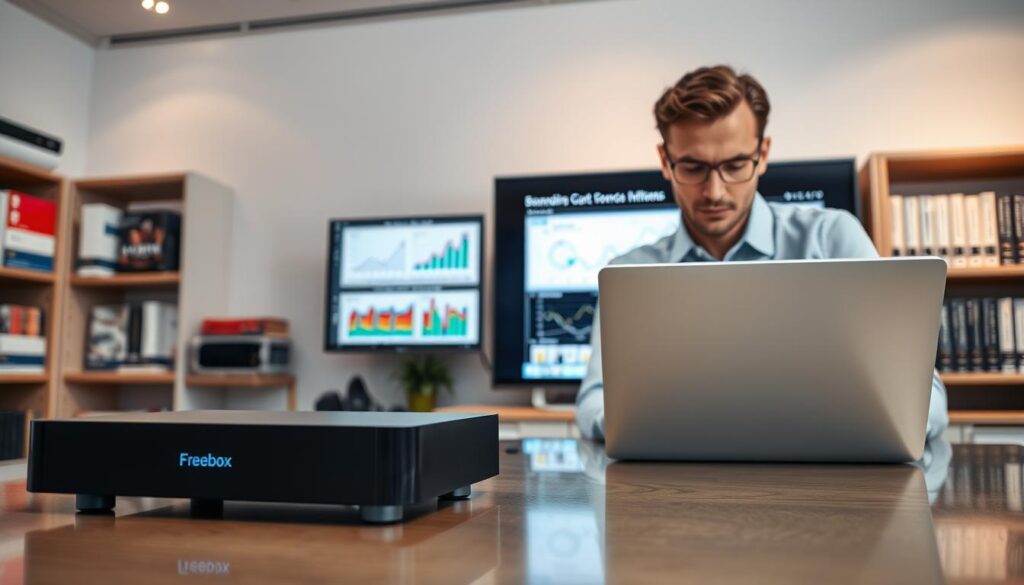 A professional office setting with a focus on IPTV technology, featuring a sleek modern Freebox device on a polished desk. In the foreground, a focused individual in smart casual attire is studying various charts and data displayed on a laptop screen, analyzing IPTV performance. The middle ground shows a large monitor with visual graphs illustrating bandwidth constraints and streaming quality metrics. In the background, shelves of technical books related to internet technologies and IPTV are neatly organized, with soft ambient lighting creating a calm, focused atmosphere. The overall mood is one of professionalism and inquiry, highlighting the importance of understanding IPTV limitations and solutions. The scene is captured from an eye-level angle, emphasizing the subject’s engagement with the material.