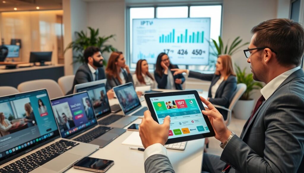 A professional person in business attire, seated at a modern desk cluttered with devices displaying various IPTV subscription options, such as laptops, tablets, and smartphones. In the foreground, a hand is using a tablet to compare different IPTV plans, showcasing vibrant graphics and user-friendly interfaces. In the middle, a diverse group of individuals—multicultural and gender-balanced—engages in a discussion, pointing at a digital screen displaying data charts related to IPTV. The background features a contemporary office space with warm lighting, a large window revealing a cityscape, and a few green plants adding freshness. The atmosphere conveys an informative and collaborative mood, emphasizing choice and personalization in IPTV subscriptions. A professional person in business attire, seated at a modern desk cluttered with devices displaying various IPTV subscription options, such as laptops, tablets, and smartphones. In the foreground, a hand is using a tablet to compare different IPTV plans, showcasing vibrant graphics and user-friendly interfaces. In the middle, a diverse group of individuals—multicultural and gender-balanced—engages in a discussion, pointing at a digital screen displaying data charts related to IPTV. The background features a contemporary office space with warm lighting, a large window revealing a cityscape, and a few green plants adding freshness. The atmosphere conveys an informative and collaborative mood, emphasizing choice and personalization in IPTV subscriptions.