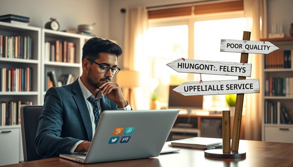 A professional scene depicting a person seated at a desk contemplating choices for an IPTV subscription. In the foreground, a diverse individual in business attire, looking thoughtfully at a laptop displaying icons of various IPTV services with a focus on the decision-making process. In the middle ground, several common pitfalls illustrated through visual metaphors, like a signpost pointing to "Hidden Fees," "Poor Quality," and "Unreliable Service" in a stylized way, conveying clear warnings. The background shows a cozy, well-lit home office with soft ambient lighting, bookshelves filled with technology and entertainment titles, and a window revealing a sunny day outside. The atmosphere is one of careful consideration and informed decision-making, inviting the viewer to think critically about their IPTV choices.