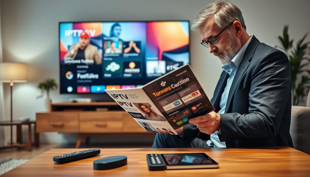 A professional setting depicting a modern living room with a large flat-screen TV displaying a colorful IPTV interface. In the foreground, a middle-aged person in business casual attire, thoughtfully examining an IPTV subscription pamphlet. The middle showcases a coffee table with tech gadgets like a remote control and a tablet, symbolizing affordable and reliable entertainment choices. In the background, a cozy, well-lit ambiance with soft lighting creates a warm atmosphere, with decorative plants and a comfortable sofa. The scene conveys a mood of contemplation and practicality, emphasizing the importance of informed choices in subscription services. Shot with a moderate depth of field to focus on the subject and objects, conveying clarity and detail.