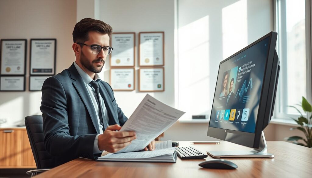 A professional setting featuring a modern office environment with a sleek wooden desk and a high-end computer displaying a streaming interface. In the foreground, a focused businessperson, dressed in a formal suit, examines legal documents related to IPTV regulations, their expression conveying determination and seriousness. In the middle, a wall with framed certificates and legal posters reflecting the themes of legality and intellectual property rights in France. In the background, soft natural light filters through large windows, casting gentle shadows and creating a polished, professional atmosphere. The overall mood is one of diligence and legal scrutiny, emphasizing the complexities and challenges surrounding IPTV usage in France, with a clean and minimalist design. A professional setting featuring a modern office environment with a sleek wooden desk and a high-end computer displaying a streaming interface. In the foreground, a focused businessperson, dressed in a formal suit, examines legal documents related to IPTV regulations, their expression conveying determination and seriousness. In the middle, a wall with framed certificates and legal posters reflecting the themes of legality and intellectual property rights in France. In the background, soft natural light filters through large windows, casting gentle shadows and creating a polished, professional atmosphere. The overall mood is one of diligence and legal scrutiny, emphasizing the complexities and challenges surrounding IPTV usage in France, with a clean and minimalist design.
