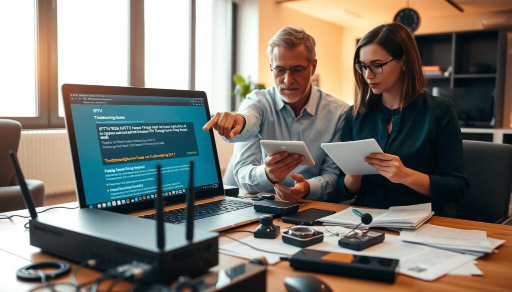 A professional setting showcasing a troubleshooting guide for IPTV issues. In the foreground, a diverse group of two people: one middle-aged man in a business casual shirt, intently pointing at a laptop screen displaying IPTV error messages, while a young woman in a smart blouse is taking notes on a notepad. In the middle, a detailed table cluttered with tech gadgets, a network router, and troubleshooting manuals, emphasizing the technical theme. In the background, a modern office space with soft lighting from a large window, casting a warm glow, creating a collaborative atmosphere. The overall mood is focused and problem-solving, ideal for a technical troubleshooting context. A professional setting showcasing a troubleshooting guide for IPTV issues. In the foreground, a diverse group of two people: one middle-aged man in a business casual shirt, intently pointing at a laptop screen displaying IPTV error messages, while a young woman in a smart blouse is taking notes on a notepad. In the middle, a detailed table cluttered with tech gadgets, a network router, and troubleshooting manuals, emphasizing the technical theme. In the background, a modern office space with soft lighting from a large window, casting a warm glow, creating a collaborative atmosphere. The overall mood is focused and problem-solving, ideal for a technical troubleshooting context.