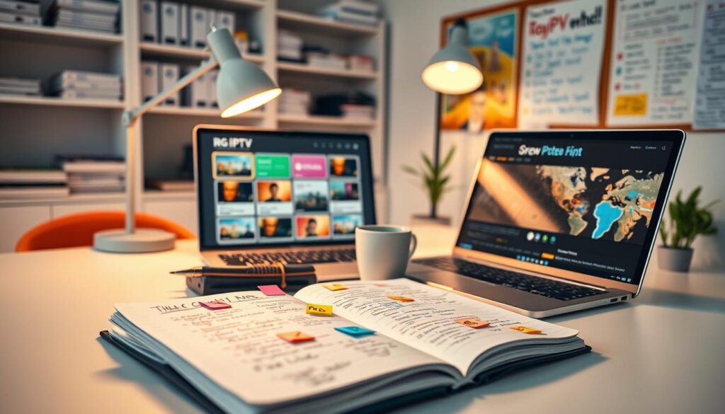 A professional workspace showcasing a vibrant contribution guide for RG IPTV. In the foreground, a detailed open notebook with handwritten notes and colorful sticky tabs, paired with a laptop displaying streaming options and an IPTV interface. In the middle, a clean desk with a modern feel, accentuated by a desk lamp casting warm light, and a coffee cup beside the laptop. The background features a wall with shelves filled with tech manuals, a small potted plant, and a bulletin board covered with community engagement ideas and tips. The lighting is bright yet cozy, creating an inviting atmosphere. The composition is balanced, emphasizing collaboration and community contribution without any text or logos. A professional workspace showcasing a vibrant contribution guide for RG IPTV. In the foreground, a detailed open notebook with handwritten notes and colorful sticky tabs, paired with a laptop displaying streaming options and an IPTV interface. In the middle, a clean desk with a modern feel, accentuated by a desk lamp casting warm light, and a coffee cup beside the laptop. The background features a wall with shelves filled with tech manuals, a small potted plant, and a bulletin board covered with community engagement ideas and tips. The lighting is bright yet cozy, creating an inviting atmosphere. The composition is balanced, emphasizing collaboration and community contribution without any text or logos.