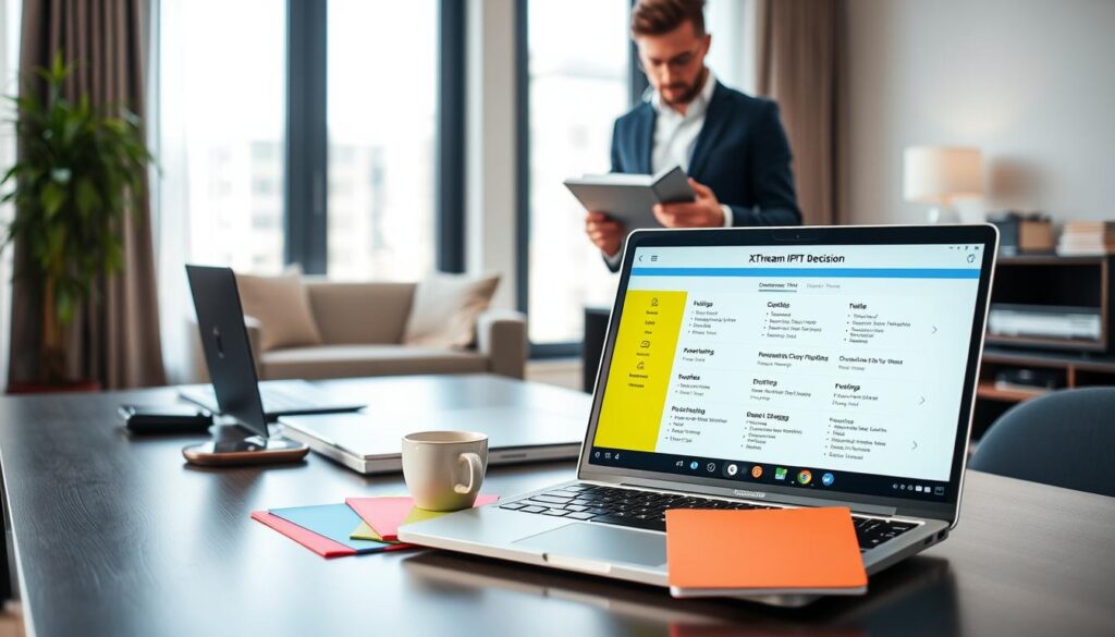 A professional workspace with a sleek, modern desk showcasing various digital devices related to IPTV. In the foreground, a laptop is open, displaying a user-friendly interface with menu options and features for choosing Xtream IPTV subscriptions. Beautifully arranged around it are color-coded notepads and a coffee cup, symbolizing the decision-making process. In the middle ground, a knowledgeable, well-dressed individual examines IPTV subscription criteria on a tablet, deep in thought. The background features a large window with soft natural lighting coming in, illuminating the space with a relaxed yet focused atmosphere. The overall mood is one of professionalism and clarity, emphasizing the importance of informed decision-making when selecting an IPTV service. A professional workspace with a sleek, modern desk showcasing various digital devices related to IPTV. In the foreground, a laptop is open, displaying a user-friendly interface with menu options and features for choosing Xtream IPTV subscriptions. Beautifully arranged around it are color-coded notepads and a coffee cup, symbolizing the decision-making process. In the middle ground, a knowledgeable, well-dressed individual examines IPTV subscription criteria on a tablet, deep in thought. The background features a large window with soft natural lighting coming in, illuminating the space with a relaxed yet focused atmosphere. The overall mood is one of professionalism and clarity, emphasizing the importance of informed decision-making when selecting an IPTV service.