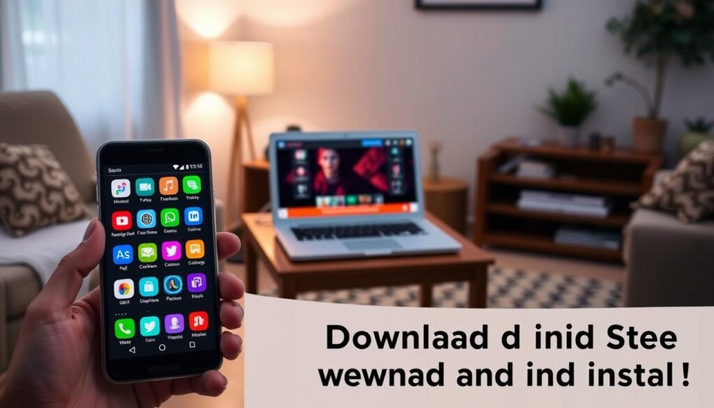 A screenshot-style image showcasing the IPTV Smarters Pro application interface on a smartphone. The foreground features the phone displaying a vibrant, user-friendly interface with easily recognizable icons for channel selection, favorites, and settings. In the middle, place a laptop on a wooden desk, hinting at a multitasking environment, with the screen also showing the app interface. The background includes a cozy living room setup with a soft-focus effect, creating a warm atmosphere filled with ambient lighting from a nearby lamp. The overall mood is inviting and informative, emphasizing ease of use for downloading and installing the application.