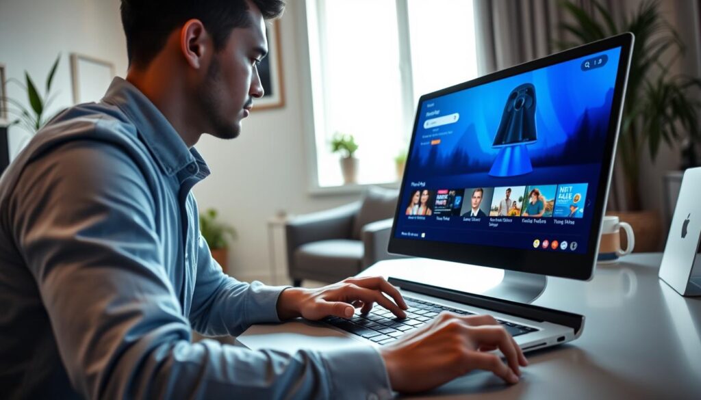 A serene and modern home office environment showcasing a person sitting at a sleek desk, intently focused on a laptop displaying a stable IPTV interface. In the foreground, emphasize the details of the laptop with a vibrant screen filled with streaming content. In the middle ground, include a comfortable chair and a cup of coffee to suggest a cozy work atmosphere. The background should feature a window with natural light streaming in, illuminating the room, while also showing minimalistic decor and green plants that evoke a sense of tranquility. The mood is professional and inviting, reflecting reliability and seamless connectivity, with soft lighting that enhances the focus on the technology.