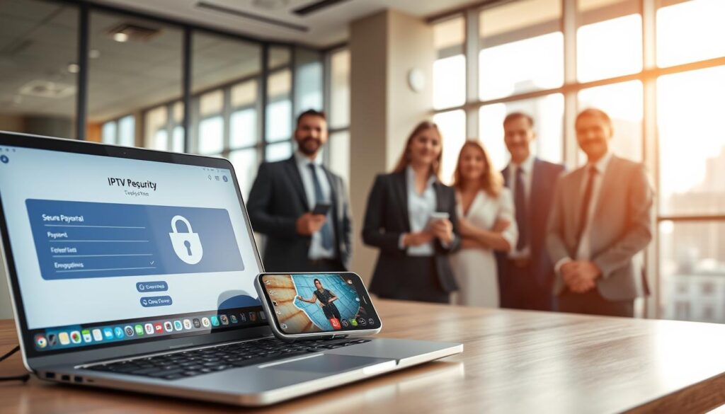 A serene, modern office setting showcasing "IPTV security and payment options." In the foreground, a sleek laptop displays a secure payment portal interface, emphasizing safety with a prominent padlock symbol. Beside it, a smartphone shows an IPTV app with vibrant graphics. In the middle section, a diverse group of professionals, dressed in business attire, discuss options with expressions of trust and confidence. The background features large windows with cityscape views bathed in soft, natural light, creating an inviting atmosphere. Warm tones dominate the color palette, evoking a sense of reliability and safety. The image is framed with a slight depth of field, focusing attention on the laptop and professionals while subtly blurring the background, enhancing the professional, secure ambiance.
