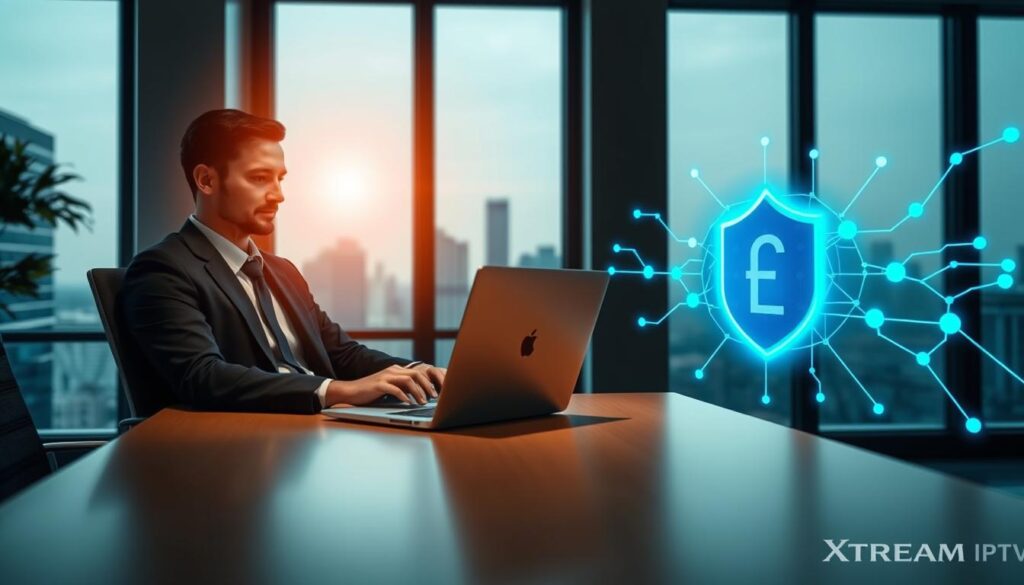 A serene office environment conveying data privacy and security, featuring a professional individual in business attire seated at a modern desk, focused on a laptop displaying encrypted data symbols. In the foreground, a digital shield icon symbolizes protection, while in the middle ground, a softly glowing blue network grid represents connectivity and information flow. The background showcases a large window with a cityscape view, symbolizing transparency and modern technology. The lighting is bright and inviting, evoking a sense of trust and confidentiality. The atmosphere is professional and calm, emphasizing the importance of data security in streaming services like Xtream IPTV. A serene office environment conveying data privacy and security, featuring a professional individual in business attire seated at a modern desk, focused on a laptop displaying encrypted data symbols. In the foreground, a digital shield icon symbolizes protection, while in the middle ground, a softly glowing blue network grid represents connectivity and information flow. The background showcases a large window with a cityscape view, symbolizing transparency and modern technology. The lighting is bright and inviting, evoking a sense of trust and confidentiality. The atmosphere is professional and calm, emphasizing the importance of data security in streaming services like Xtream IPTV.