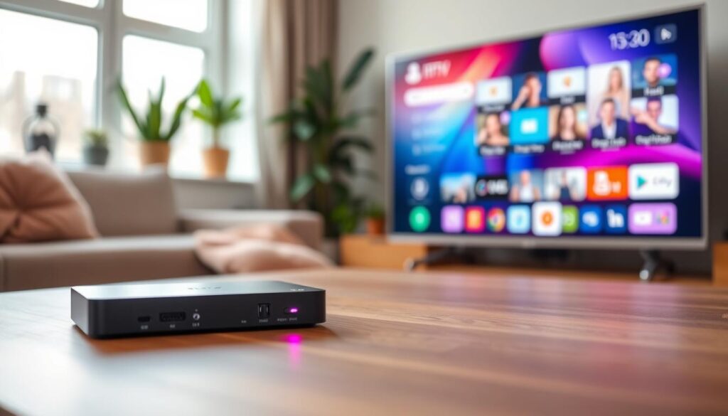 A sleek IPTV box and a modern Smart TV are placed side by side on a stylish wooden table in a well-lit living room. The IPTV box is compact and rectangular, showcasing its multiple ports and a glowing LED indicator. The Smart TV, larger and elegantly designed with a thin bezel, displays vibrant and colorful streaming content. Soft, natural light filters through a nearby window, creating a warm and inviting atmosphere. In the background, a cozy sofa and decorative houseplants add to the homey feel. The image is captured from a slightly angled perspective to highlight both devices, with a shallow depth of field blurring the background to focus the viewer's attention on the IPTV box and Smart TV. A sleek IPTV box and a modern Smart TV are placed side by side on a stylish wooden table in a well-lit living room. The IPTV box is compact and rectangular, showcasing its multiple ports and a glowing LED indicator. The Smart TV, larger and elegantly designed with a thin bezel, displays vibrant and colorful streaming content. Soft, natural light filters through a nearby window, creating a warm and inviting atmosphere. In the background, a cozy sofa and decorative houseplants add to the homey feel. The image is captured from a slightly angled perspective to highlight both devices, with a shallow depth of field blurring the background to focus the viewer's attention on the IPTV box and Smart TV.