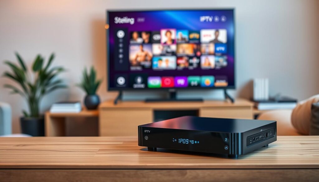 A sleek IPTV set-top box positioned prominently in the foreground on a modern wooden TV stand. The box features a shiny black finish with illuminated buttons, reflecting an elegant contemporary design. In the middle ground, a flat-screen television displays a vibrant interface of streaming options, showcasing different channels available through IPTV. Surrounding the TV are minimalistic decorative elements, such as a potted plant and a few books, adding warmth to the scene. The background is softly blurred, hinting at a cozy living room atmosphere with subtle ambient lighting. The overall mood is inviting and contemporary, suggesting a seamless integration of technology into daily life. The image should be well-lit, capturing the details of the IPTV box, with a focus on clarity and professionalism.