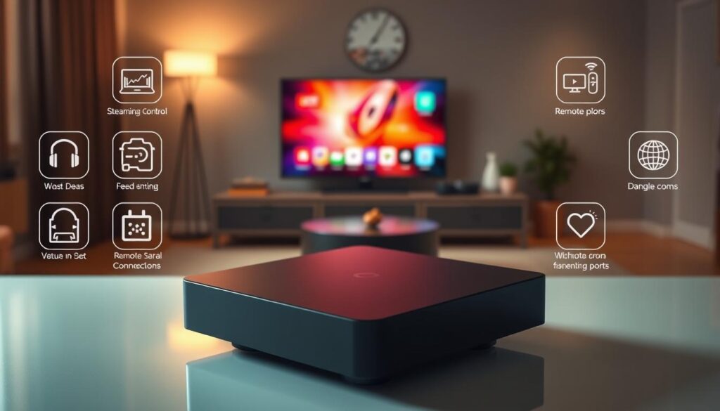 A sleek Xiaomi IPTV box is prominently displayed in the foreground, showcasing its modern design with sharp edges and a matte finish. The surface reflects ambient light, enhancing its premium feel. Surrounding the box are various features depicted through subtle yet vivid infographic illustrations, such as streaming icons, remote control, and connectivity ports. The middle ground features a soft-focus view of a cozy living room environment, with a stylish TV stand and a large screen displaying vibrant colors from a streaming interface. The background suggests a warm atmosphere with soft, diffused lighting from floor lamps. Capture the scene with a slightly angled, wide lens perspective to emphasize depth, portraying a tech-savvy yet inviting space that highlights the Xiaomi IPTV box's key functionalities.