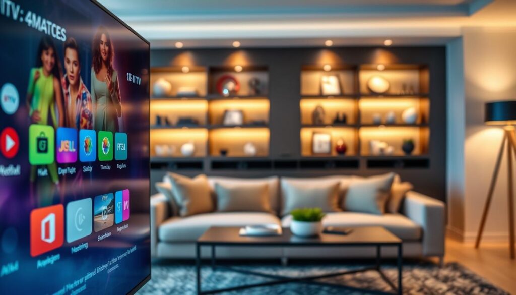 A sleek and modern IPTV Smarters Pro interface displayed on a high-definition television screen. The foreground features a close-up of the user interface, showcasing vibrant app icons and a user-friendly navigation menu with rich colors. In the middle, a stylish living room setting is depicted, with a comfortable sofa and a contemporary coffee table, emphasizing a relaxed viewing atmosphere. The background includes softly illuminated shelves displaying decorative items, with warm lighting creating an inviting ambiance. The scene is shot from a slight angle to capture the depth of the room, while ensuring the television remains the focal point. The overall mood is cozy and tech-savvy, ideal for enjoying 4K IPTV content in France. A sleek and modern IPTV Smarters Pro interface displayed on a high-definition television screen. The foreground features a close-up of the user interface, showcasing vibrant app icons and a user-friendly navigation menu with rich colors. In the middle, a stylish living room setting is depicted, with a comfortable sofa and a contemporary coffee table, emphasizing a relaxed viewing atmosphere. The background includes softly illuminated shelves displaying decorative items, with warm lighting creating an inviting ambiance. The scene is shot from a slight angle to capture the depth of the room, while ensuring the television remains the focal point. The overall mood is cozy and tech-savvy, ideal for enjoying 4K IPTV content in France.