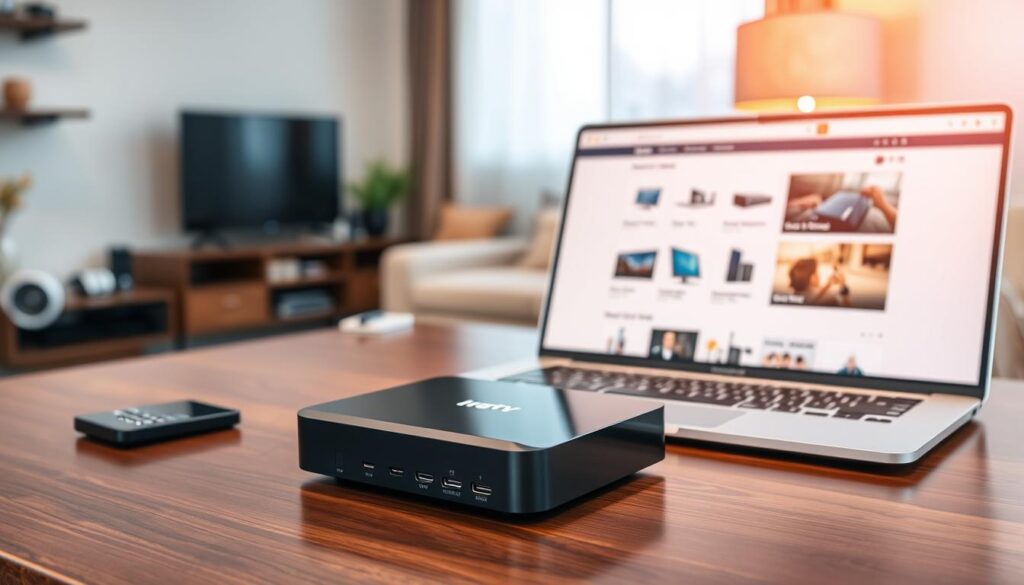 A sleek and modern IPTV WiFi box sitting prominently on a polished wooden desk. In the foreground, the IPTV box is elegantly lit with soft, warm lighting, showcasing its stylish design with buttons and ports visible. In the middle ground, a laptop with an open browser displaying an online shopping site for electronic devices can be seen, hinting at secure online ordering. The background features a cozy living room setting with subtle hints of a smart home, such as remote controls and a flat-screen TV. The atmosphere is inviting and technology-driven, conveying comfort and reliability in digital shopping. The image conveys a professional and trustworthy mood, perfect for guiding readers on where to purchase their IPTV WiFi box. A sleek and modern IPTV WiFi box sitting prominently on a polished wooden desk. In the foreground, the IPTV box is elegantly lit with soft, warm lighting, showcasing its stylish design with buttons and ports visible. In the middle ground, a laptop with an open browser displaying an online shopping site for electronic devices can be seen, hinting at secure online ordering. The background features a cozy living room setting with subtle hints of a smart home, such as remote controls and a flat-screen TV. The atmosphere is inviting and technology-driven, conveying comfort and reliability in digital shopping. The image conveys a professional and trustworthy mood, perfect for guiding readers on where to purchase their IPTV WiFi box.