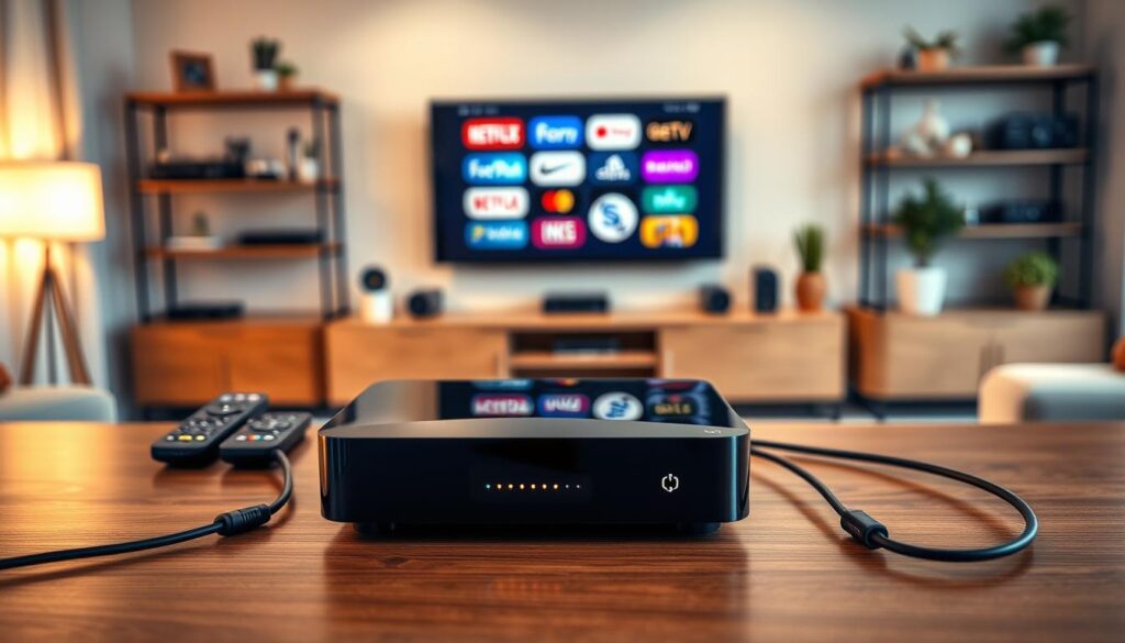 A sleek and modern IPTV box prominently displayed in the foreground, showcasing its glossy black finish with subtle LED indicators. The box is positioned on a stylish wooden table, surrounded by various remote control devices and a few high-quality cables. In the middle ground, a vibrant, blurred living room scene with a large flat-screen TV displaying various streaming service logos gives a sense of usability. Soft, warm lighting highlights the IPTV box, casting gentle shadows to create depth. The background features tastefully decorated shelves with electronics and plants, enhancing the homey atmosphere. The mood is inviting and tech-savvy, suggesting a comfortable space for entertainment. The composition is captured with a shallow depth of field, focusing sharply on the IPTV box to draw attention to its design and inherent value. A sleek and modern IPTV box prominently displayed in the foreground, showcasing its glossy black finish with subtle LED indicators. The box is positioned on a stylish wooden table, surrounded by various remote control devices and a few high-quality cables. In the middle ground, a vibrant, blurred living room scene with a large flat-screen TV displaying various streaming service logos gives a sense of usability. Soft, warm lighting highlights the IPTV box, casting gentle shadows to create depth. The background features tastefully decorated shelves with electronics and plants, enhancing the homey atmosphere. The mood is inviting and tech-savvy, suggesting a comfortable space for entertainment. The composition is captured with a shallow depth of field, focusing sharply on the IPTV box to draw attention to its design and inherent value.