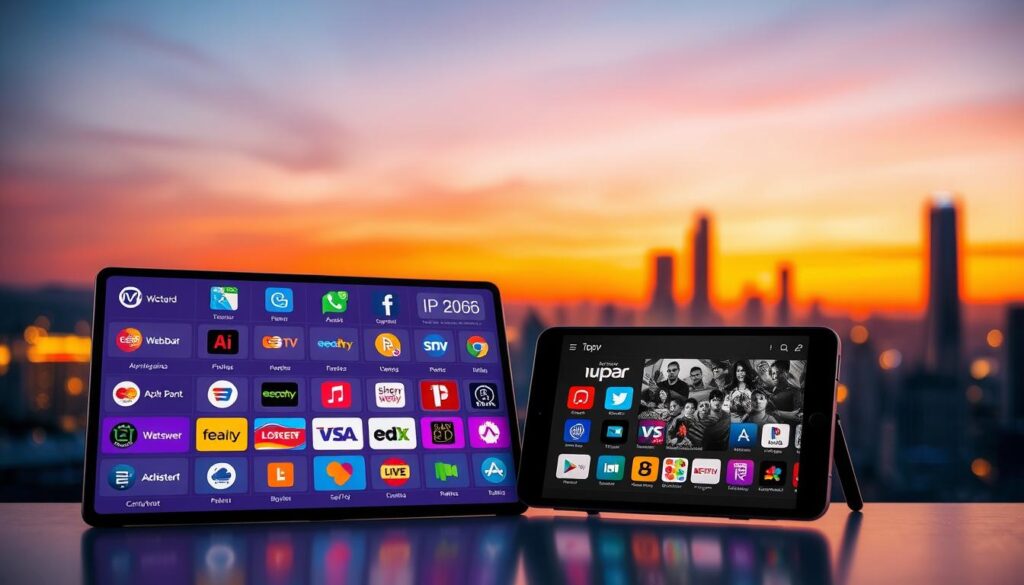 A sleek and modern comparison chart of the top IPTV applications in 2026, prominently displayed in the foreground. The chart showcases vibrant icons and logos of the applications, each surrounded by color-coded rating stars. In the middle ground, a stylish tablet or smartphone is positioned, displaying a high-resolution interface of an IPTV application, with fluid animations and bright colors. The background features an abstract cityscape at dusk, with soft, glowing lights and a gradient sky transitioning from orange to deep blue, creating a dynamic atmosphere. The image is lit with a balanced, warm glow, enhancing the contemporary feel. The composition is shot at a slight angle, offering depth while maintaining clarity on the featured chart and devices. A sleek and modern comparison chart of the top IPTV applications in 2026, prominently displayed in the foreground. The chart showcases vibrant icons and logos of the applications, each surrounded by color-coded rating stars. In the middle ground, a stylish tablet or smartphone is positioned, displaying a high-resolution interface of an IPTV application, with fluid animations and bright colors. The background features an abstract cityscape at dusk, with soft, glowing lights and a gradient sky transitioning from orange to deep blue, creating a dynamic atmosphere. The image is lit with a balanced, warm glow, enhancing the contemporary feel. The composition is shot at a slight angle, offering depth while maintaining clarity on the featured chart and devices.