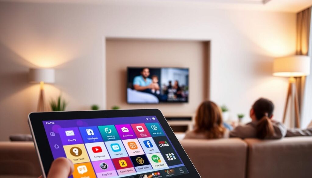 A sleek and modern digital interface showcasing the key features of IPTV Smarters Plus. In the foreground, a close-up view of a high-definition tablet displaying an intuitive app layout with vibrant icons representing live TV, video on demand, and a user-friendly electronic program guide. In the middle, a stylish, minimalistic living room with a large flat-screen TV mounted on the wall, streaming content seamlessly. Soft, warm lighting emanates from elegant lamps, creating a cozy atmosphere. In the background, blurred silhouettes of family members watching content together, dressed in casual yet tasteful clothing, evoke a sense of connection and enjoyment of technology. The overall mood is inviting and tech-savvy, emphasizing an optimal viewing experience. A sleek and modern digital interface showcasing the key features of IPTV Smarters Plus. In the foreground, a close-up view of a high-definition tablet displaying an intuitive app layout with vibrant icons representing live TV, video on demand, and a user-friendly electronic program guide. In the middle, a stylish, minimalistic living room with a large flat-screen TV mounted on the wall, streaming content seamlessly. Soft, warm lighting emanates from elegant lamps, creating a cozy atmosphere. In the background, blurred silhouettes of family members watching content together, dressed in casual yet tasteful clothing, evoke a sense of connection and enjoyment of technology. The overall mood is inviting and tech-savvy, emphasizing an optimal viewing experience.