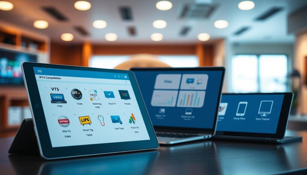 A sleek and modern digital workspace showcasing compatibility features of IPTV Smarters Pro. In the foreground, a high-resolution tablet displaying the application's user interface with various supported formats like video files, streaming links, and device icons. In the middle ground, a stylish laptop with graphs and icons illustrating compatibility across different devices (smart TVs, smartphones, tablets). The background features a softly blurred modern office environment with ambient lighting, emphasizing a professional mood. The lighting is bright yet soft, creating a welcoming atmosphere. The image is taken at a slight angle to enhance depth, with focus on the tech devices, conveying a sense of innovation and advanced technology. A sleek and modern digital workspace showcasing compatibility features of IPTV Smarters Pro. In the foreground, a high-resolution tablet displaying the application's user interface with various supported formats like video files, streaming links, and device icons. In the middle ground, a stylish laptop with graphs and icons illustrating compatibility across different devices (smart TVs, smartphones, tablets). The background features a softly blurred modern office environment with ambient lighting, emphasizing a professional mood. The lighting is bright yet soft, creating a welcoming atmosphere. The image is taken at a slight angle to enhance depth, with focus on the tech devices, conveying a sense of innovation and advanced technology.