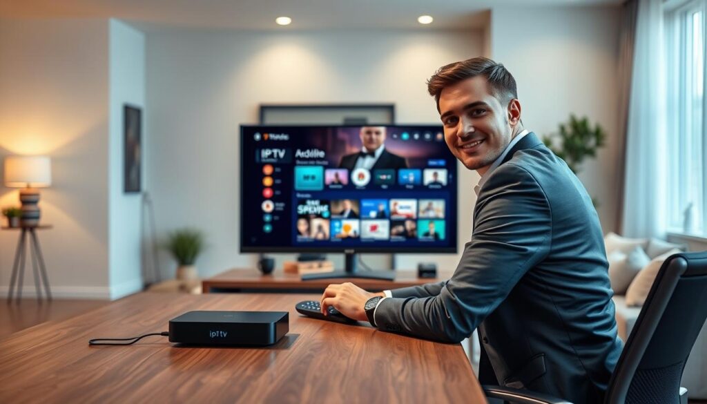 A sleek and modern home office setup showcasing the rapid installation of smart IPTV subscription. In the foreground, a person in professional attire is seated at a stylish desk, attentively connecting devices. The middle section features a large computer monitor displaying an IPTV interface, surrounded by modern tech gadgets like a streaming device and remote control. The background reveals a inviting living space, with soft ambient lighting illuminating the room, creating a warm and welcoming atmosphere. The angle is slightly elevated, providing a clear view of the desk and monitor, while emphasizing the efficiency of the installation process. The overall mood is focused and optimistic, reflecting a seamless experience with smart IPTV activation.
