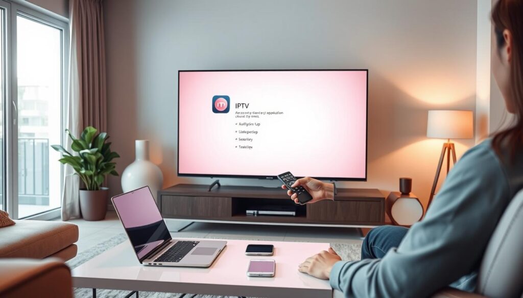 A sleek and modern living room featuring a Smart TV displaying an IPTV application installation screen. In the foreground, a person in professional casual attire is focused on a remote control, ready to configure the app on the TV. The middle layer includes a stylish coffee table with an open laptop and a smartphone, suggesting tech use. The background showcases a contemporary decor with soft lighting that enhances a warm, inviting atmosphere. The room's natural light filters in through large windows, creating a cozy environment. The image should capture a sense of practical guidance and ease of use in setting up IPTV on a Smart TV, with a clean, minimalist aesthetic.