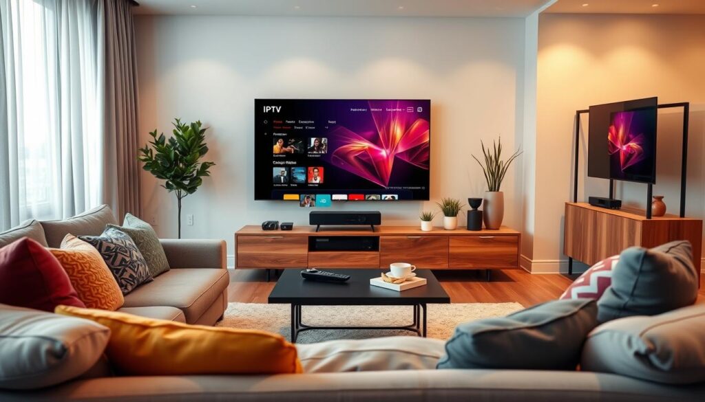 A sleek and modern living room featuring a large Smart TV displaying an IPTV interface. In the foreground, a cozy sofa adorned with colorful cushions, and a stylish coffee table with a remote control and snacks. The middle ground includes a warm wooden entertainment unit with decorative plants and a few tech devices. Soft ambient lighting creates a welcoming atmosphere, highlighting the clarity of the TV screen, showcasing vibrant streaming content. The background reveals a large window with sheer curtains letting in natural light, enhancing the overall comfort and inviting mood of the space. The scene conveys a feeling of relaxation and enjoyment associated with long-term IPTV subscription benefits. A sleek and modern living room featuring a large Smart TV displaying an IPTV interface. In the foreground, a cozy sofa adorned with colorful cushions, and a stylish coffee table with a remote control and snacks. The middle ground includes a warm wooden entertainment unit with decorative plants and a few tech devices. Soft ambient lighting creates a welcoming atmosphere, highlighting the clarity of the TV screen, showcasing vibrant streaming content. The background reveals a large window with sheer curtains letting in natural light, enhancing the overall comfort and inviting mood of the space. The scene conveys a feeling of relaxation and enjoyment associated with long-term IPTV subscription benefits.