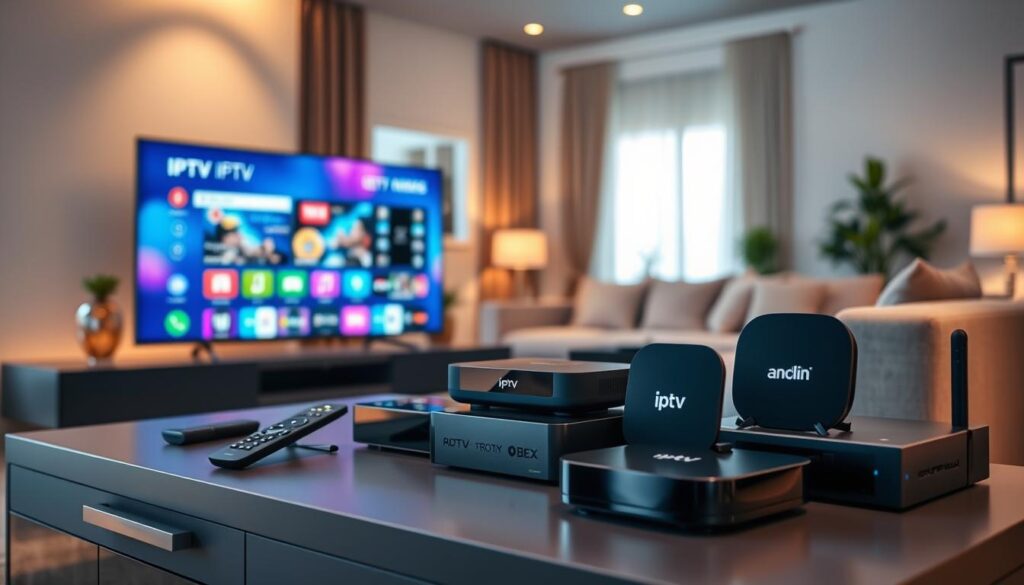 A sleek and modern living room showcasing various IPTV devices placed elegantly on a stylish media console. In the foreground, a smart TV displaying a vibrant, colorful IPTV interface, with remote controls neatly arranged beside it. The middle ground features an array of IPTV set-top boxes and streaming devices, such as Android boxes and media players, each with distinct logos. In the background, a cozy sofa and stylish decor create an inviting atmosphere, bathed in warm, soft lighting, suggesting comfort and technology integration. The scene conveys a mood of sophistication and ease, emphasizing compatibility and performance across devices. The overall composition should be focused, with a slight depth of field, to draw attention to the IPTV devices while maintaining a calm and professional ambiance. A sleek and modern living room showcasing various IPTV devices placed elegantly on a stylish media console. In the foreground, a smart TV displaying a vibrant, colorful IPTV interface, with remote controls neatly arranged beside it. The middle ground features an array of IPTV set-top boxes and streaming devices, such as Android boxes and media players, each with distinct logos. In the background, a cozy sofa and stylish decor create an inviting atmosphere, bathed in warm, soft lighting, suggesting comfort and technology integration. The scene conveys a mood of sophistication and ease, emphasizing compatibility and performance across devices. The overall composition should be focused, with a slight depth of field, to draw attention to the IPTV devices while maintaining a calm and professional ambiance.