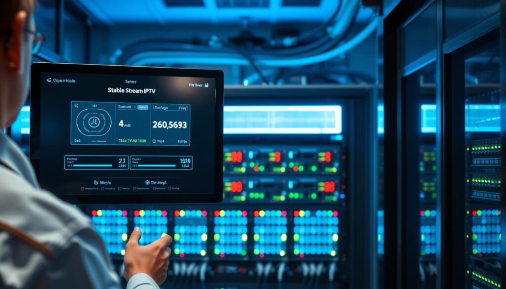 A sleek and modern server room with multiple high-performance servers showing stable IPTV streaming. In the foreground, a technician in professional attire monitors the server status on a digital screen, displaying uninterrupted streaming metrics. The middle ground features rows of blinking LED lights on the servers, indicating stability and activity, with network cables meticulously organized. The background consists of a subtly illuminated server rack, casting a cool blue light that enhances the high-tech atmosphere. Soft, diffused lighting creates an inviting yet professional mood, suggesting reliability and trustworthiness. The composition emphasizes clarity and focus on the server's performance, without any distractions. A sleek and modern server room with multiple high-performance servers showing stable IPTV streaming. In the foreground, a technician in professional attire monitors the server status on a digital screen, displaying uninterrupted streaming metrics. The middle ground features rows of blinking LED lights on the servers, indicating stability and activity, with network cables meticulously organized. The background consists of a subtly illuminated server rack, casting a cool blue light that enhances the high-tech atmosphere. Soft, diffused lighting creates an inviting yet professional mood, suggesting reliability and trustworthiness. The composition emphasizes clarity and focus on the server's performance, without any distractions.